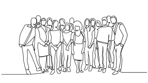 A continuous line drawing of a group of employees.